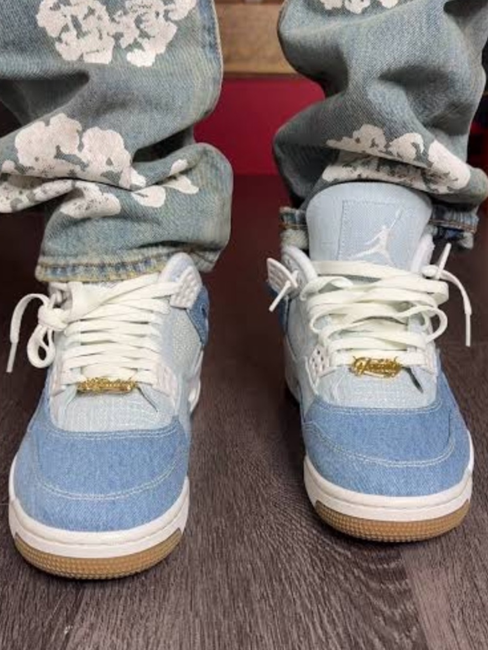 Jordan 4 Retro Denim Sneakers in Light Blue and White with Gum Outsole